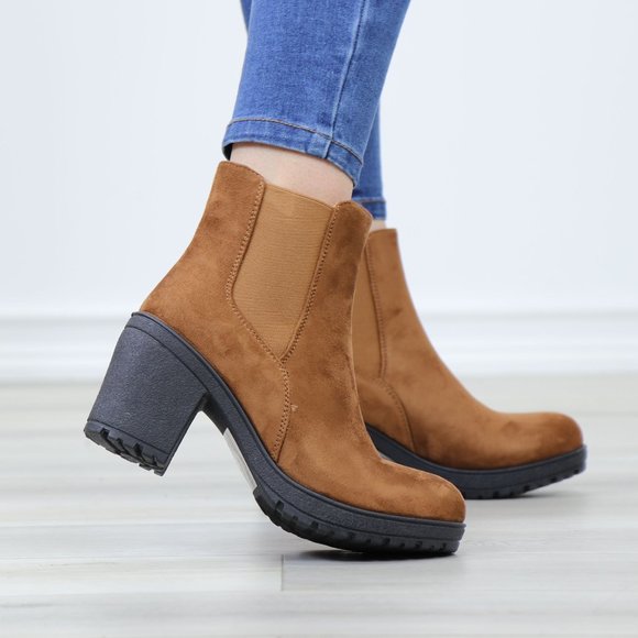 Chelsea Chunky Block High Heel Above Ankle Boots Brown Synthetic Suede - Picture 4 of 12